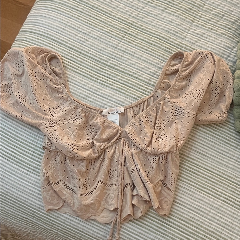 Tan Eyelet Puff Sleeve Blouse